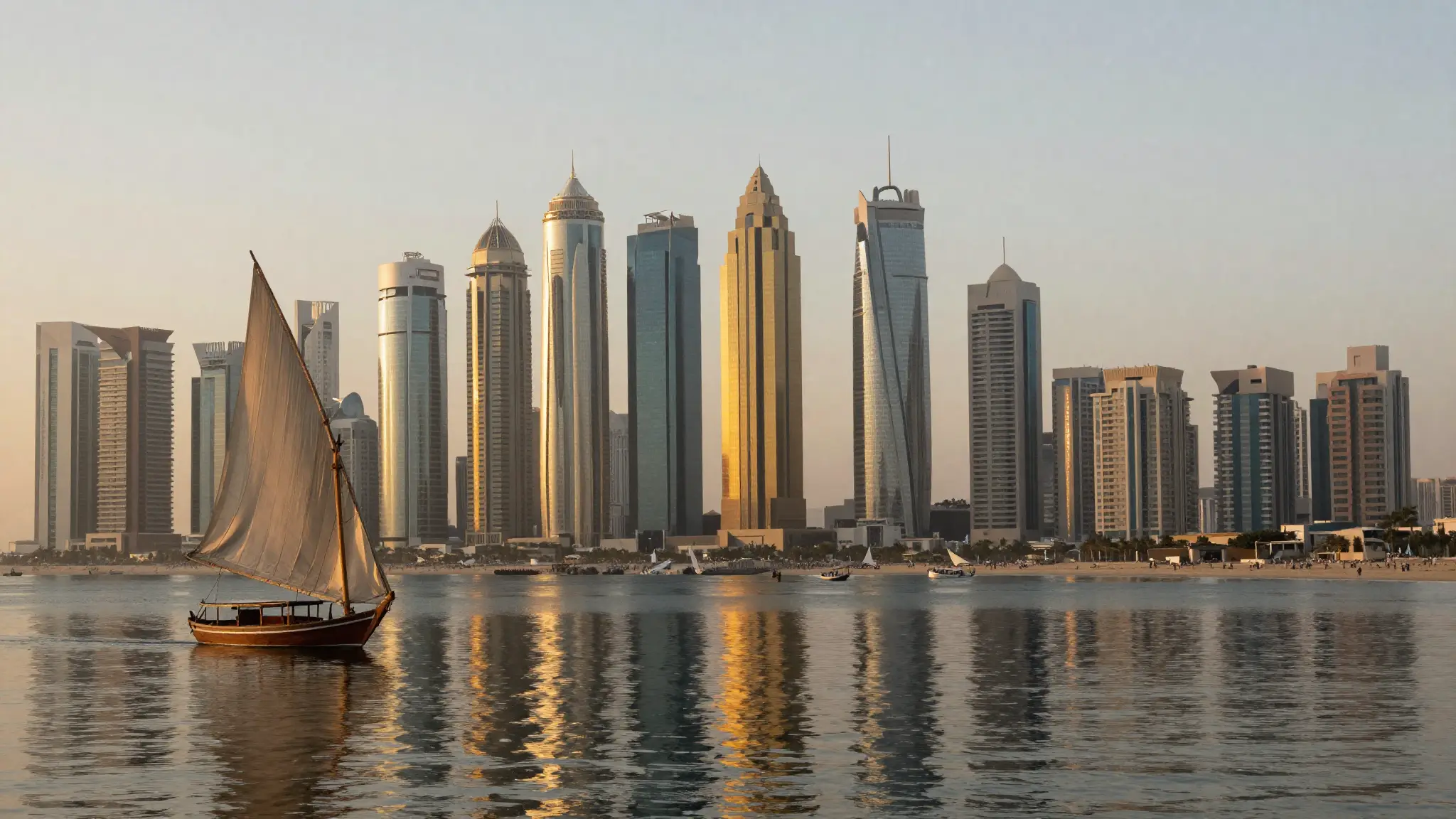 أفق مدن دولة الإمارات العربية المتحدة عند الغروب مع أبراج حديثة ومركب شراعي تقليدي على مياه الخليج العربي